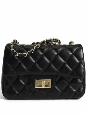 Black Quilted Shoulder Bag with Gold Chain